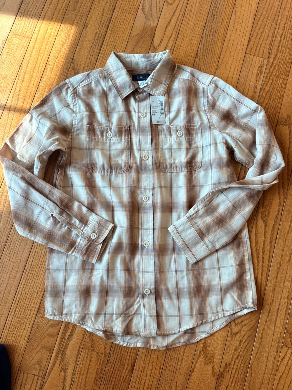 NWT Children’s Place Boys Beige and Brown Plaid Button-Down Shirt